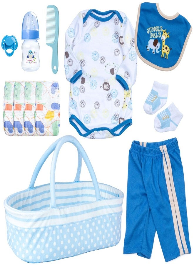 Pedolltree 12 Pcs Set Reborn Baby Dolls Clothes Boy Blue Outfit Accessories for 17-22 Inch Newborn Baby Boy with Blue Dot Bassinet - Image 1