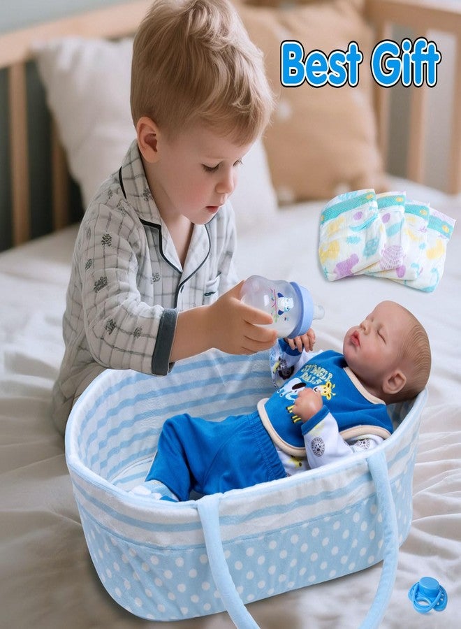 Pedolltree 12 Pcs Set Reborn Baby Dolls Clothes Boy Blue Outfit Accessories for 17-22 Inch Newborn Baby Boy with Blue Dot Bassinet - Image 5