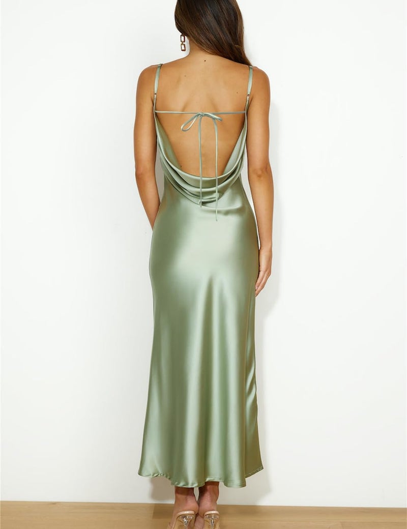 Mogidol Summer Satin Spaghetti Strap Cowl Neck Backless Midi Dresses for Women Elegant Tie Low Back Ruched Cocktail Dress Sage - Image 2
