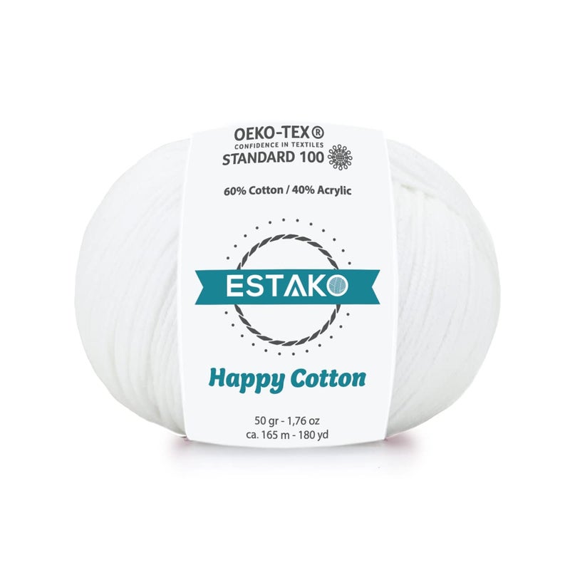 Estako Happy Cotton, 60% Cotton 40% Acrylic Yarn, Soft, Fine/Sport (2) for Crochet and Knitting 1.76 Oz (50g) / 180 Yrds (165m) (4110 - White) - Image 1