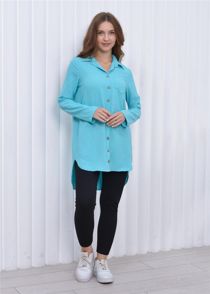 Nuseel Women's Long Front Buttoned Aerobin Tunic Shirt Turquoise  - Image 3