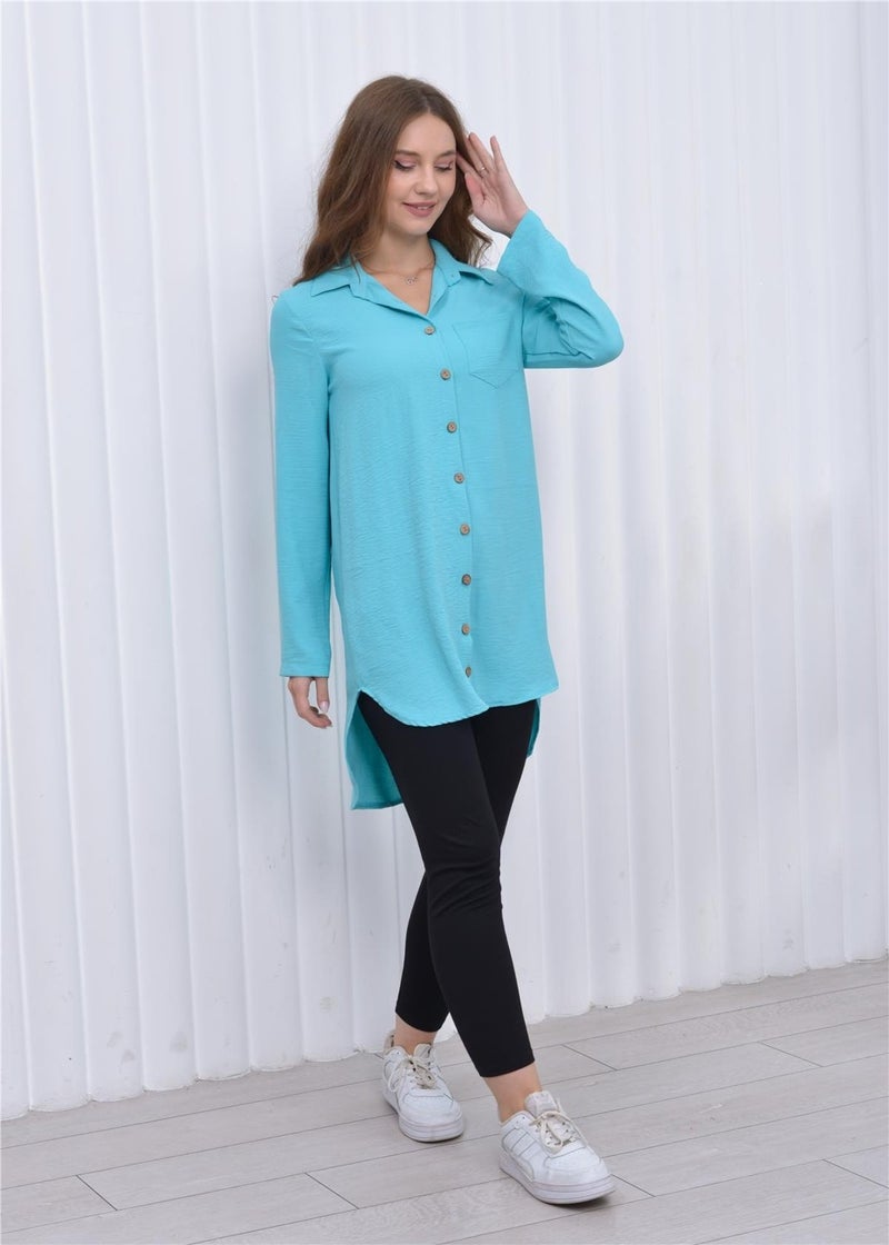 Nuseel Women's Long Front Buttoned Aerobin Tunic Shirt Turquoise  - Image 1