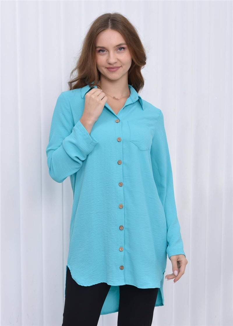 Nuseel Women's Long Front Buttoned Aerobin Tunic Shirt Turquoise  - Image 4