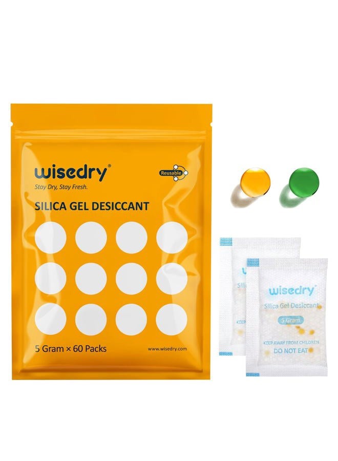 wisedry 5 Gram [60 Packs] Silica Gel Sachets Pouches Desiccant with Orange Beads Humidity Indicator Moisture Absorber for Air Dryer Moisture Removal, Food Grade - Image 1