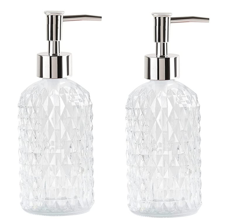 HOSHILA172 Hoshila Clear Glass Soap Dispenser Set for Bathroom with Plastic PumpHandwash Liquid Dispenser Bottle for KitchenBasin and Sanitizer Dispenser for Hand Liquid Pump Bottle crystal design Pack of 2  - Image 1