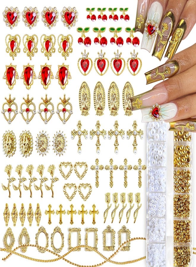 SilkRoselw 80pcs 3D Gold Cross Nail Charms Red Heart Rhinestones 1 Box Flat Back Pearls Bead Crafting Luxury Crown Flower Virgin Mary Cute Y2k Charms Gems Acrylic Nail Art Jewels Nail Chains Manicure Bulk - Image 1
