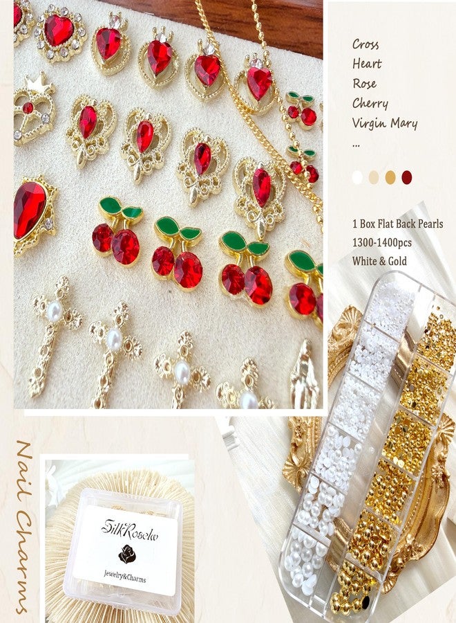 SilkRoselw 80pcs 3D Gold Cross Nail Charms Red Heart Rhinestones 1 Box Flat Back Pearls Bead Crafting Luxury Crown Flower Virgin Mary Cute Y2k Charms Gems Acrylic Nail Art Jewels Nail Chains Manicure Bulk - Image 4