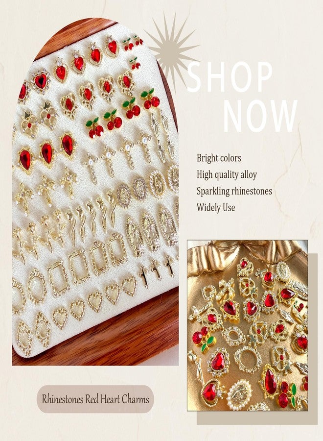 SilkRoselw 80pcs 3D Gold Cross Nail Charms Red Heart Rhinestones 1 Box Flat Back Pearls Bead Crafting Luxury Crown Flower Virgin Mary Cute Y2k Charms Gems Acrylic Nail Art Jewels Nail Chains Manicure Bulk - Image 2