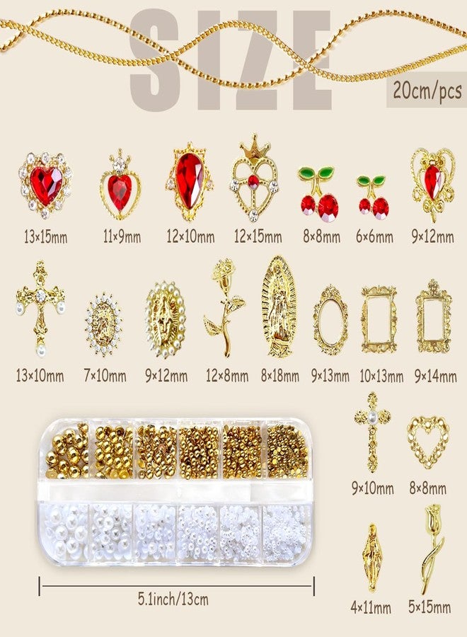 SilkRoselw 80pcs 3D Gold Cross Nail Charms Red Heart Rhinestones 1 Box Flat Back Pearls Bead Crafting Luxury Crown Flower Virgin Mary Cute Y2k Charms Gems Acrylic Nail Art Jewels Nail Chains Manicure Bulk - Image 3
