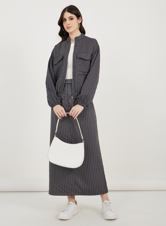 ستايلي جاكيت بومبر مخطط بقصة وطول عادي - Image 2