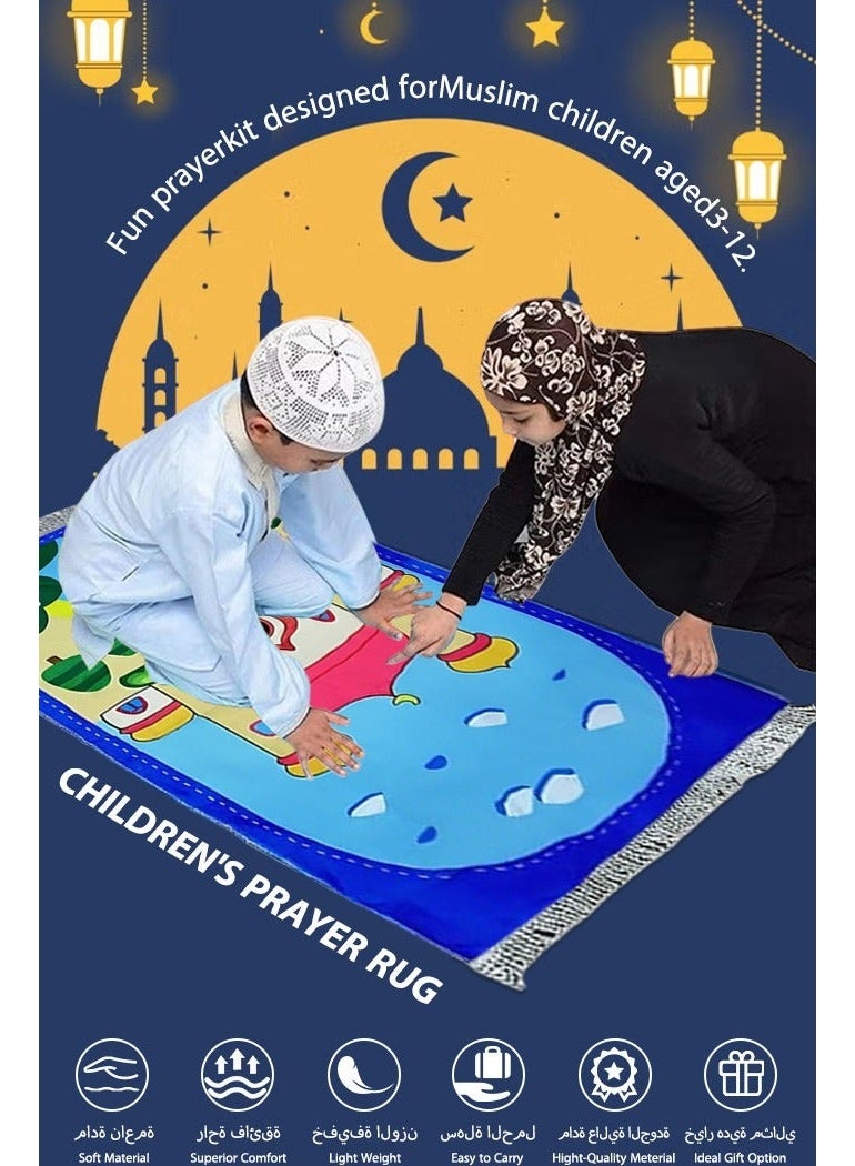 Ayshal 5PCS Prayer Carpet Mat Set for Kids, Foldable Muslim Prayer Mat With Prayer Beads, Prayer Counter, Children’s Camera, Storage Bucket, Islamic Pattern, Soft Padded Islamic Prayer Mat, Muslim Gift for Ramadan, Eid, Hajj(Blue) - Image 3