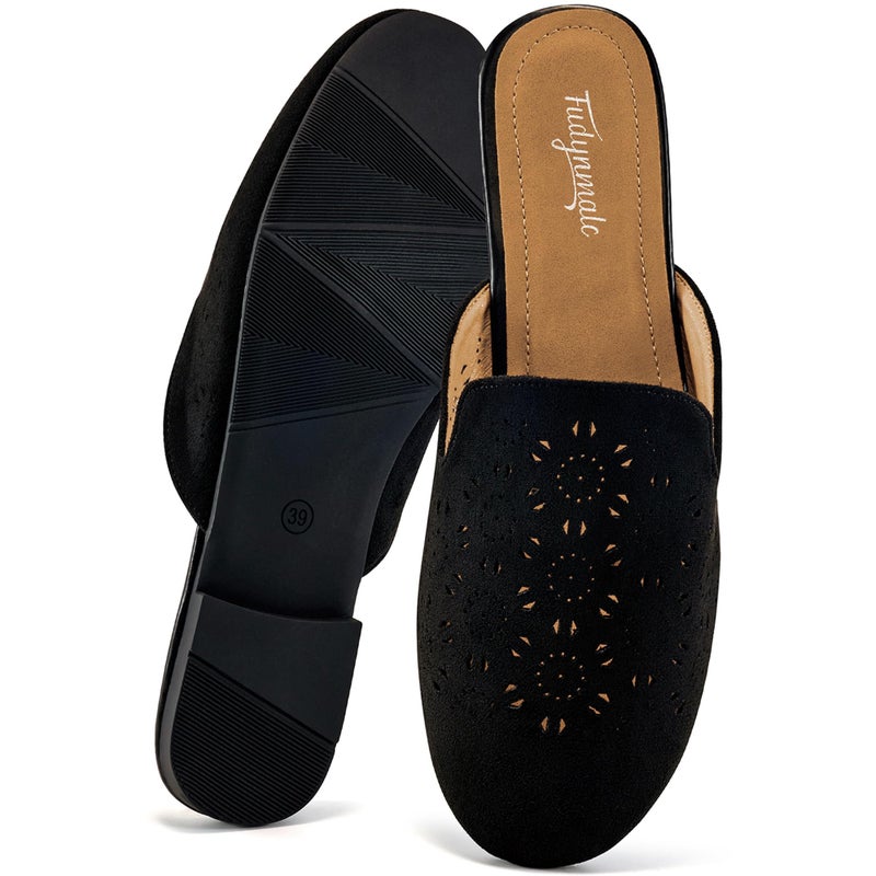 FUDYNMALC Womens Mules Flats Shoes: Casual Closed Toe Suede Backless Loafers Comfortable Dressy Slip-on Slides Footwear Black - Image 1