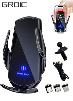 GROIC Q3 Smart Sensor Car Phone Wireless Charger with 3 charging connectors,15W Qi Fast Charging Auto-Clamping Car Phone Holder Air Vent Phone Holder,Compatible with All iPhone Android  - Image 1