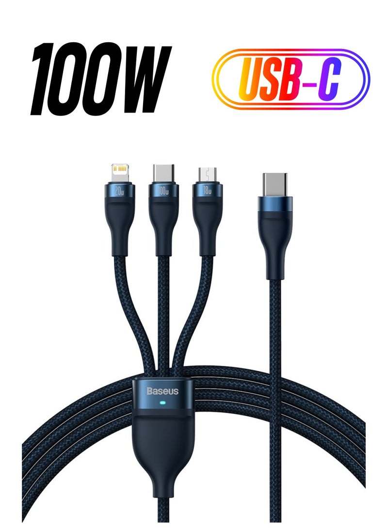 بيسوس كابل شحن USB C متعدد 100 واط [1.5 متر] كابل شحن 3 في 1 من النوع C [100 واط]+Lightning [20 واط] + مايكرو [18 واط] لهاتف Samsung S23، iPad Pro، iPad Mini، MacBook Pro/Air/iPhone 15 Pro Max/ زائد 14 13 12 11 - Image 1