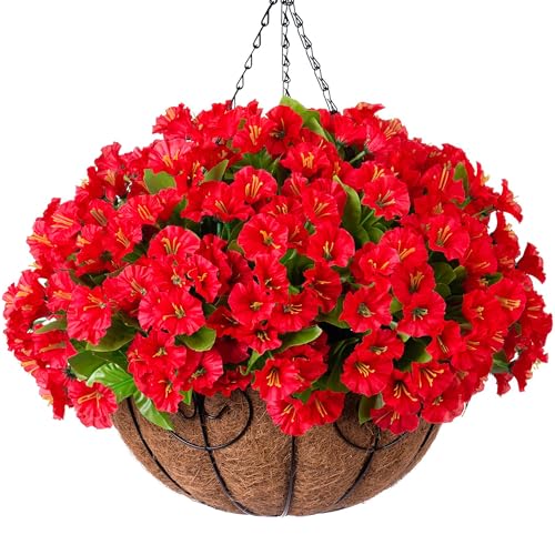 Ammyoo Artificial Hanging Flower Plants with Basket for Outdoor Decoration, Faux Petunias Flowers Fake Morning Glory Planter for Outside Patio Garden Porch Balcony Yard Decor(Red) - Image 1
