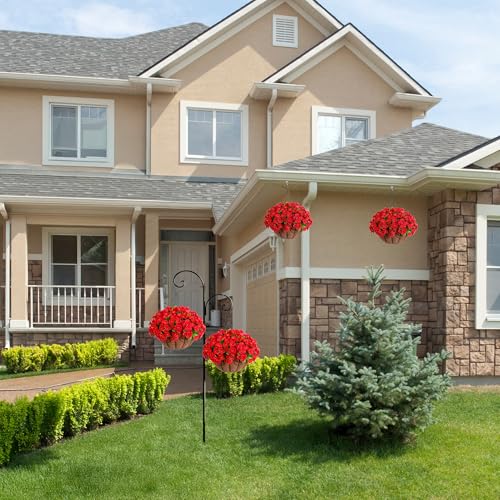 Ammyoo Artificial Hanging Flower Plants with Basket for Outdoor Decoration, Faux Petunias Flowers Fake Morning Glory Planter for Outside Patio Garden Porch Balcony Yard Decor(Red) - Image 4