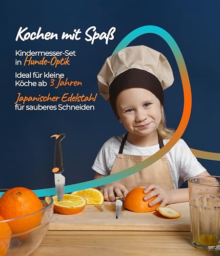 Kuhn Rikon Kinderkitchen® Kids Chef Knife Set 6", 2 Pieces, Black/Orange | Straight Edge & Serrated Knife | Cutting Tool Made for Real Cooking | Child Friendly Dog Design With Hand Guard For Safety - Image 3
