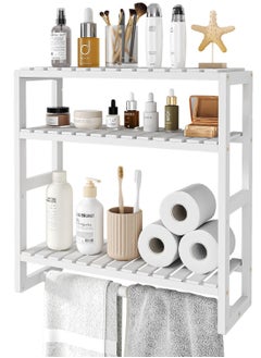 XiuWoo 3 Tier Adjustable Wood Bamboo Home Wall Mounted Storage Rack, Over Toilet Rack, Bathroom Organizer, Bathroom Rack, Storage Organizer Shelf with Towel Bar Shower  - Image 1