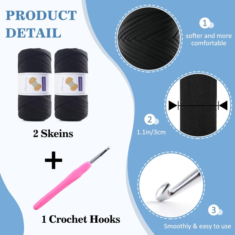 NDICANG 2 Pack T Shirt Yarn for Crocheting with 1 Crochet Hook, Elastic Tshirt Yarn for Crochet Bag/Baskets/Home Decor, Spaghetti Yarn Thick Knitting Yarn Total Length 130 Yds, Weight 14 Oz (Dark Blue) - Image 2