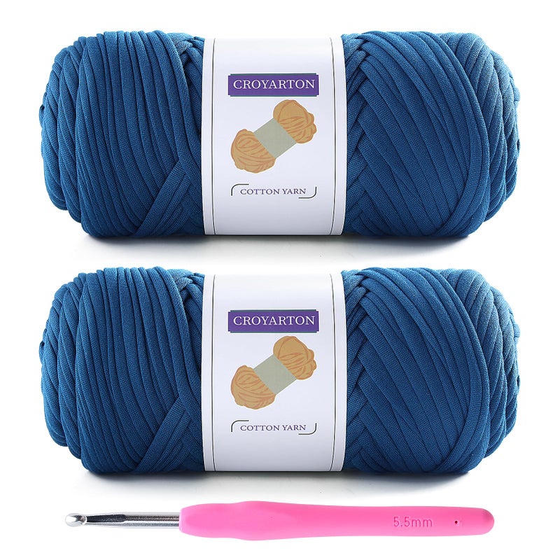 NDICANG 2 Pack T Shirt Yarn for Crocheting with 1 Crochet Hook, Elastic Tshirt Yarn for Crochet Bag/Baskets/Home Decor, Spaghetti Yarn Thick Knitting Yarn Total Length 130 Yds, Weight 14 Oz (Dark Blue) - Image 1