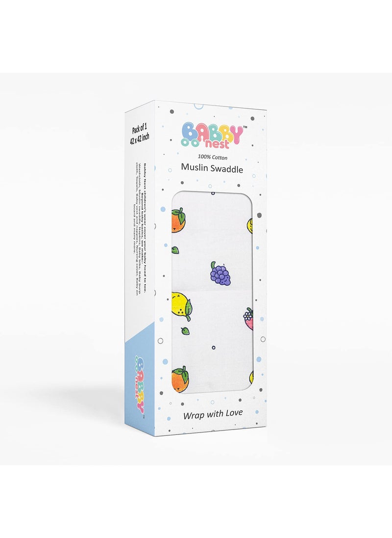 BABBY NEST BABBY NEST 100 Cotton Muslin Baby Swaddle Set Printed Muslin Swaddle Wrap for New Born Baby Size110x110 cm 018 Month Mix Fruit  - Image 1