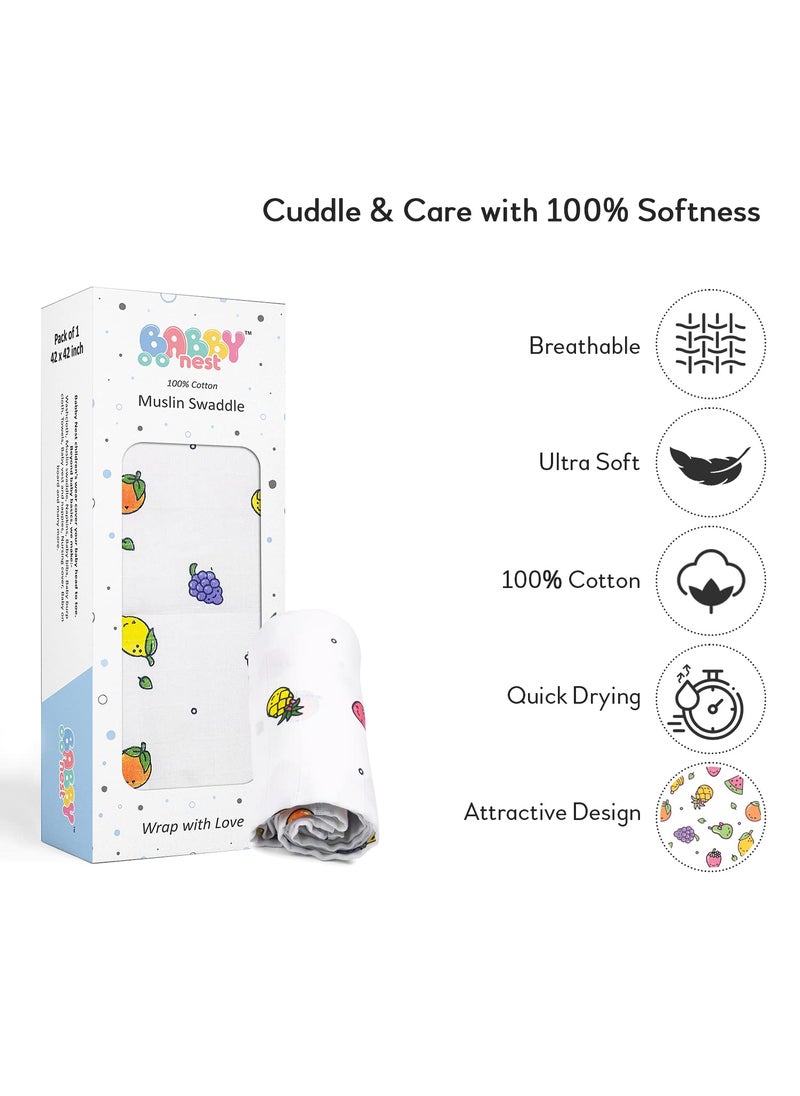 BABBY NEST BABBY NEST 100 Cotton Muslin Baby Swaddle Set Printed Muslin Swaddle Wrap for New Born Baby Size110x110 cm 018 Month Mix Fruit  - Image 3