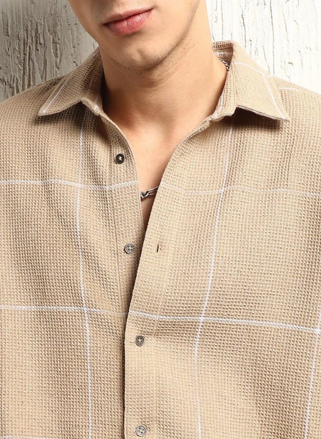 Hubberholme Men's Beige Cotton Blend Checkered Button Down Oversized Shirt - Image 1