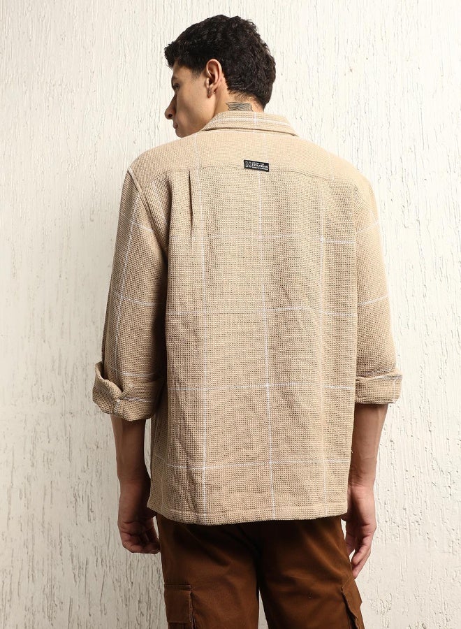 Hubberholme Men's Beige Cotton Blend Checkered Button Down Oversized Shirt - Image 3