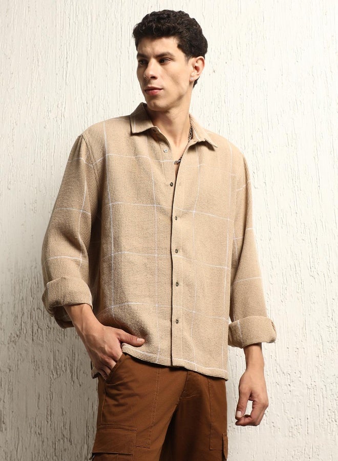 Hubberholme Men's Beige Cotton Blend Checkered Button Down Oversized Shirt - Image 5
