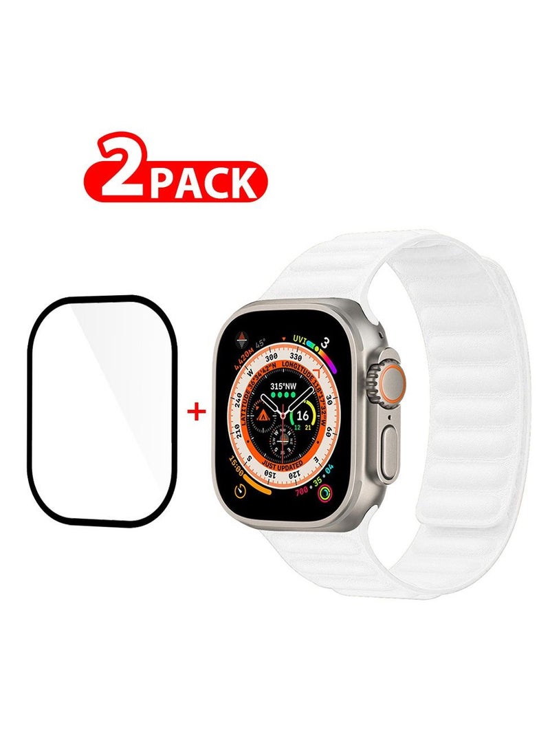 CATANES - 2 Packs For Apple Watch Band 49mm Leather Link Strap Magnetic Loop Bracelet and 3D Screen Protector White - Image 1
