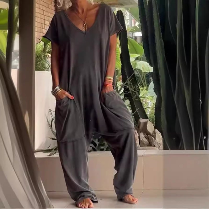 2024 Summer Women'S Clothing Independent Station Popular Pure Color V Neck Oversized Flap Pocket Pants Low-Cut Jumpsuit Straight Leg - Image 4