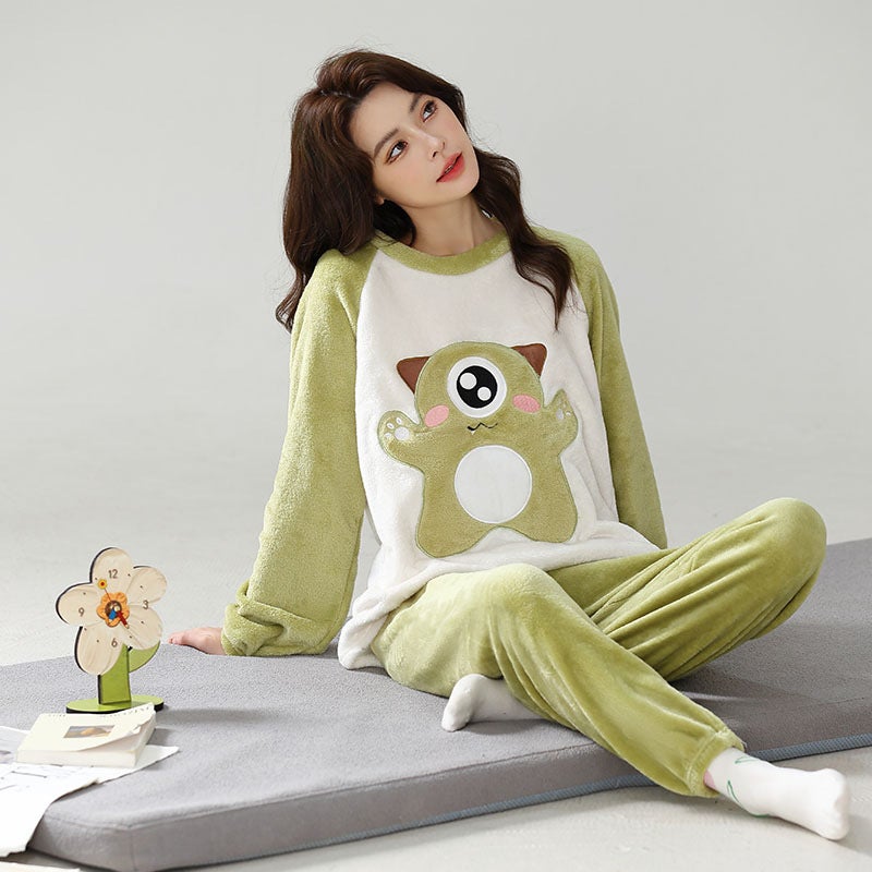 Pajamas autumn and winter womens new flannel round neck pullover casual loose cartoon coral fleece home wear suit One-eyed monster - Image 1