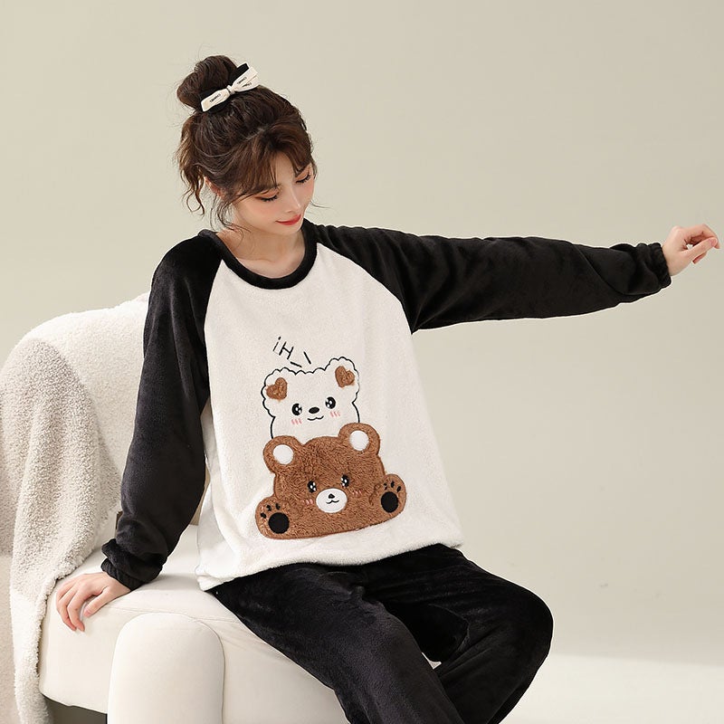 Pajamas autumn and winter womens new flannel round neck pullover casual loose cartoon coral fleece home wear suit One-eyed monster - Image 4
