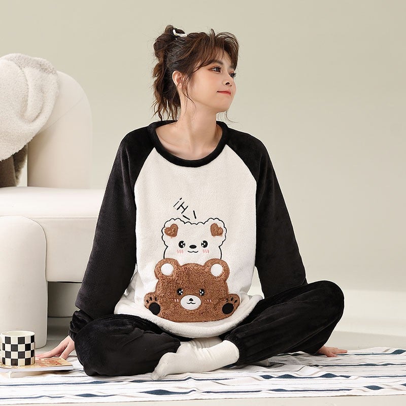 Pajamas autumn and winter womens new flannel round neck pullover casual loose cartoon coral fleece home wear suit One-eyed monster - Image 5