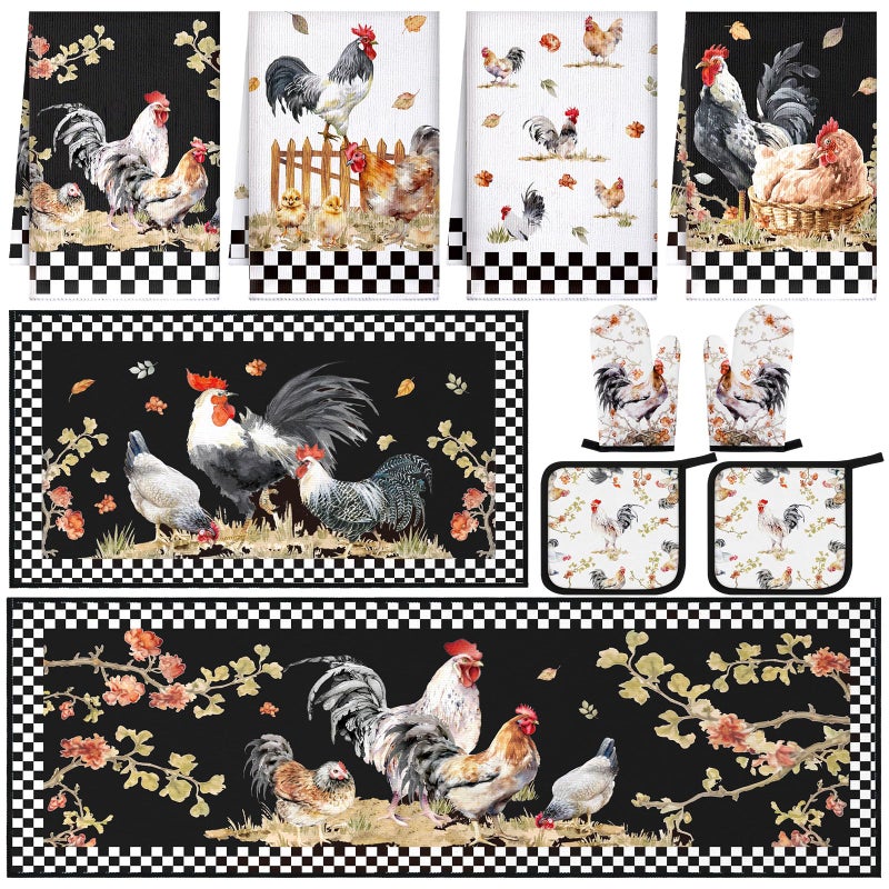 Fourluoo 10 Pcs Rooster Kitchen Dish Towels Rugs Oven Mitts and Pot Holders Set Farmhouse Kitchen Decor Set for Women Mom Daughter Gift Cooking Baking Grilling Vintage Black White - Image 2