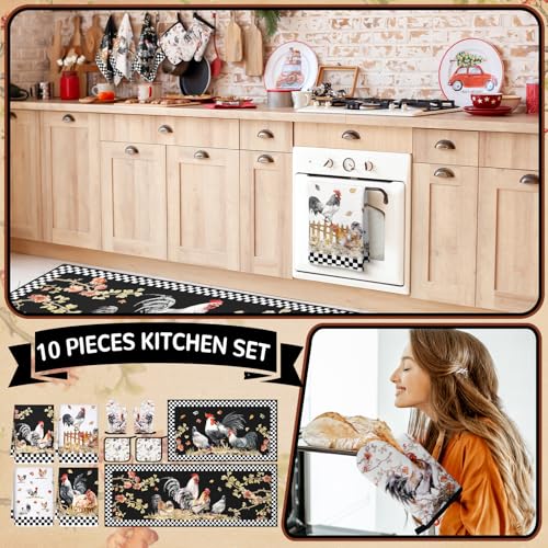 Fourluoo 10 Pcs Rooster Kitchen Dish Towels Rugs Oven Mitts and Pot Holders Set Farmhouse Kitchen Decor Set for Women Mom Daughter Gift Cooking Baking Grilling Vintage Black White - Image 3