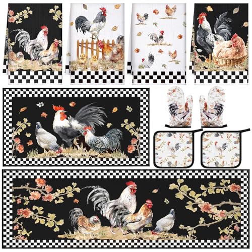 Fourluoo 10 Pcs Rooster Kitchen Dish Towels Rugs Oven Mitts and Pot Holders Set Farmhouse Kitchen Decor Set for Women Mom Daughter Gift Cooking Baking Grilling Vintage Black White - Image 1