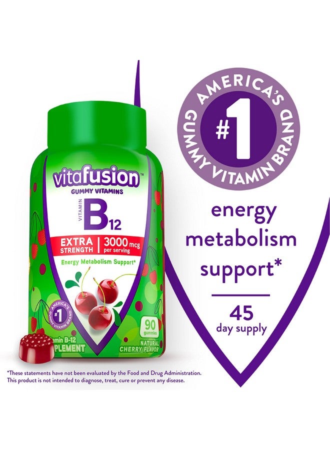 Vitafusion فيتامين ب12 جومي بقوة إضافية لدعم طاقة الأيض وصحة الجهاز العصبي بنكهة الكرز - العلامة التجارية رقم 1 في أمريكا لفيتامينات الجومي - 45 يوم إمداد - 90 حبة - Image 3