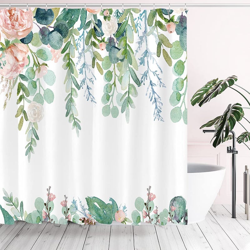 Tititex Aesthetic Blooming Floral Shower Curtain Sets Watercolor Pink Flowers Green Leaves Tropical Bathroom Decorative 72 X 72 Inch Polyester Waterproof Fabric Bath Curtain with Hooks