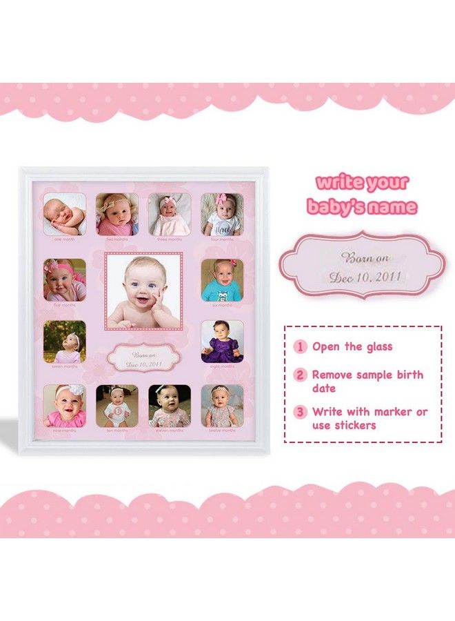 COMFECTO Collage Photo Frame For Baby First Year Keepsake Multi Picture Frames For Baby Newborn 1St Birthday Gift Memory Home Decor Size 11 X 13 X 1 Inch With 13 Slots In Pink White Prime Wood  - Image 3