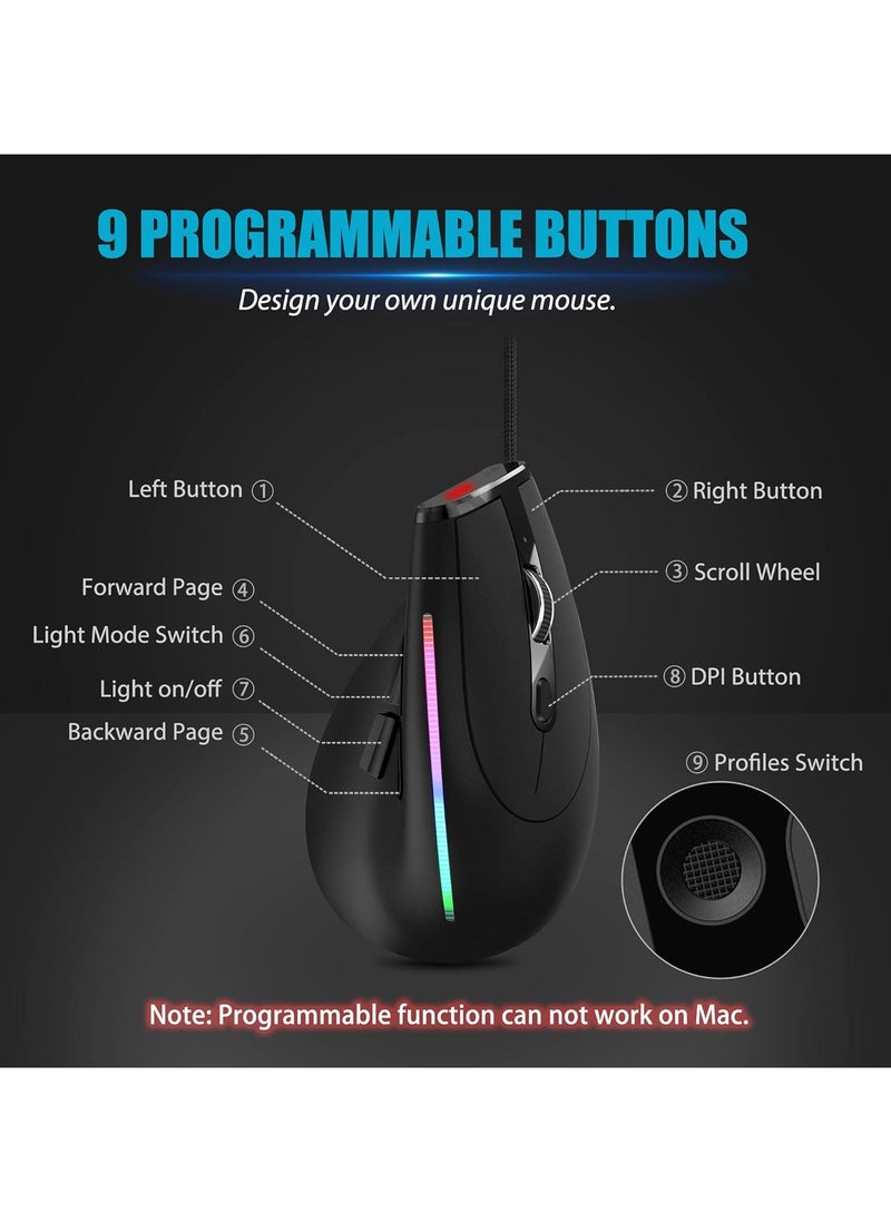 Wired gaming mouse, ergonomic mouse with 12800 DPI/9 programmable ons, onboard memory, lightweight vertical optical gaming mouse (black) suitable for Windows/PC/laptop/e-sports/gaming consoles