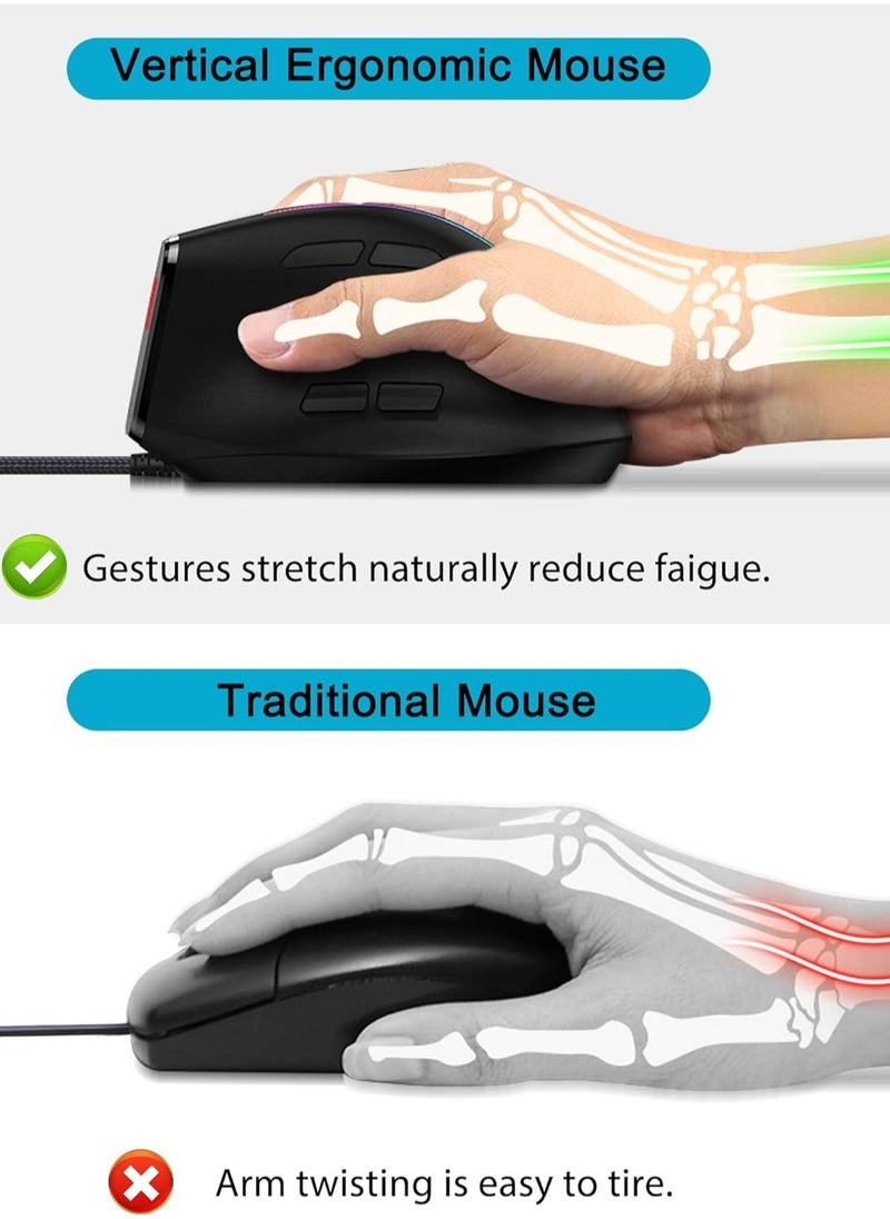 Wired gaming mouse, ergonomic mouse with 12800 DPI/9 programmable ons, onboard memory, lightweight vertical optical gaming mouse (black) suitable for Windows/PC/laptop/e-sports/gaming consoles
