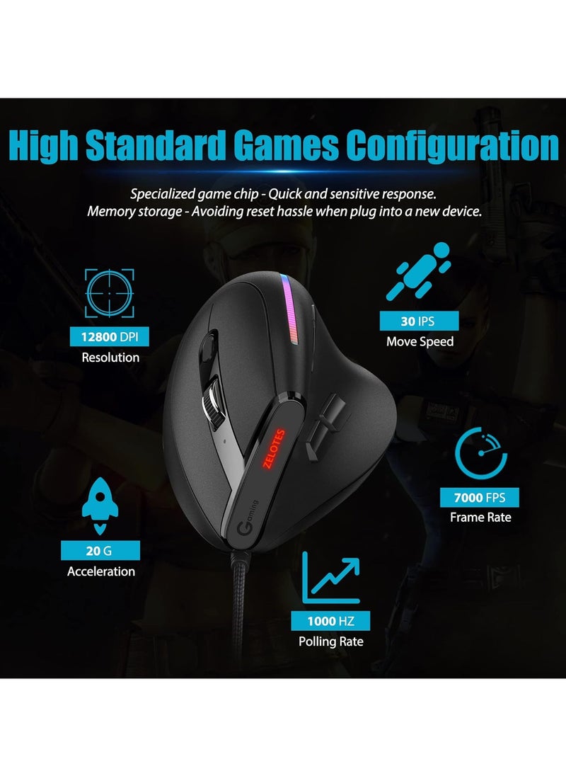 Wired gaming mouse, ergonomic mouse with 12800 DPI/9 programmable ons, onboard memory, lightweight vertical optical gaming mouse (black) suitable for Windows/PC/laptop/e-sports/gaming consoles