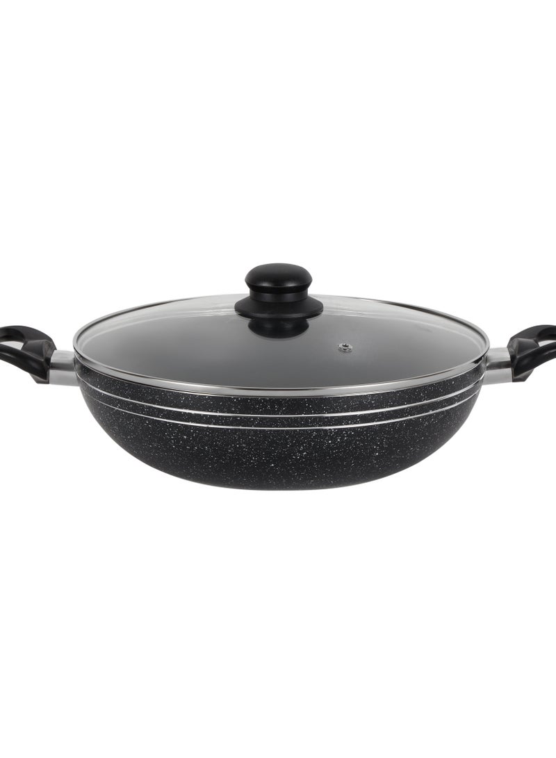 Royalford Elight Series 26 cm Aluminum Wokpan with Nonstick Coating- RF11884/ with Tempered Glass Lid and Soft Touch Bakelite Handles Black - Image 1