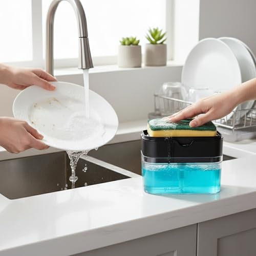 KBS 2 in 1 Liquid Soap Holder Dispenser Pump for Dishwasher 400 ML with Sponge for Kitchen Sink,Bathroom,Restaurant Cleaning Supply Accessories Item Gadgets Multipurpose Durable Plastic (Black) - Image 2