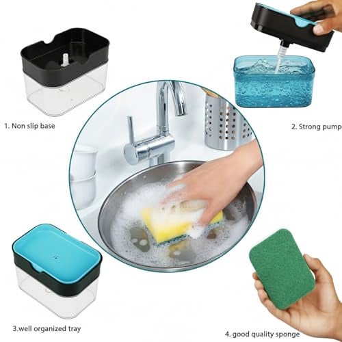 KBS 2 in 1 Liquid Soap Holder Dispenser Pump for Dishwasher 400 ML with Sponge for Kitchen Sink,Bathroom,Restaurant Cleaning Supply Accessories Item Gadgets Multipurpose Durable Plastic (Black) - Image 5