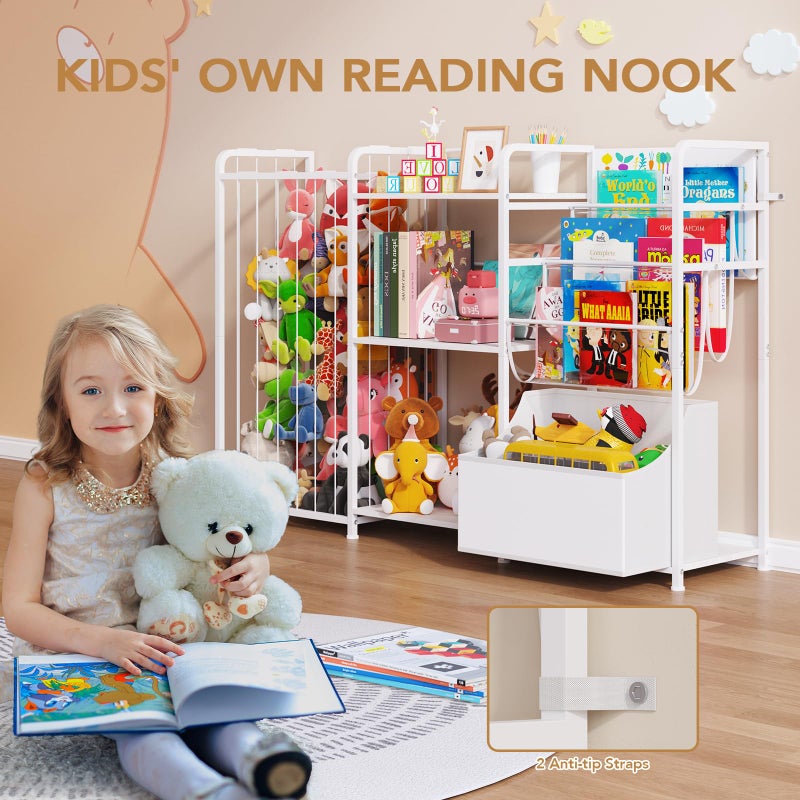 BBLIKE 3in1 Stuffed Animal Storage Organizer - Toy Storage with Kids Bookshelf & Large Plushies Holder for Kids Room - Multi-Functional Furniture for Nursery, Bedroom, and Playroom, White - Image 3