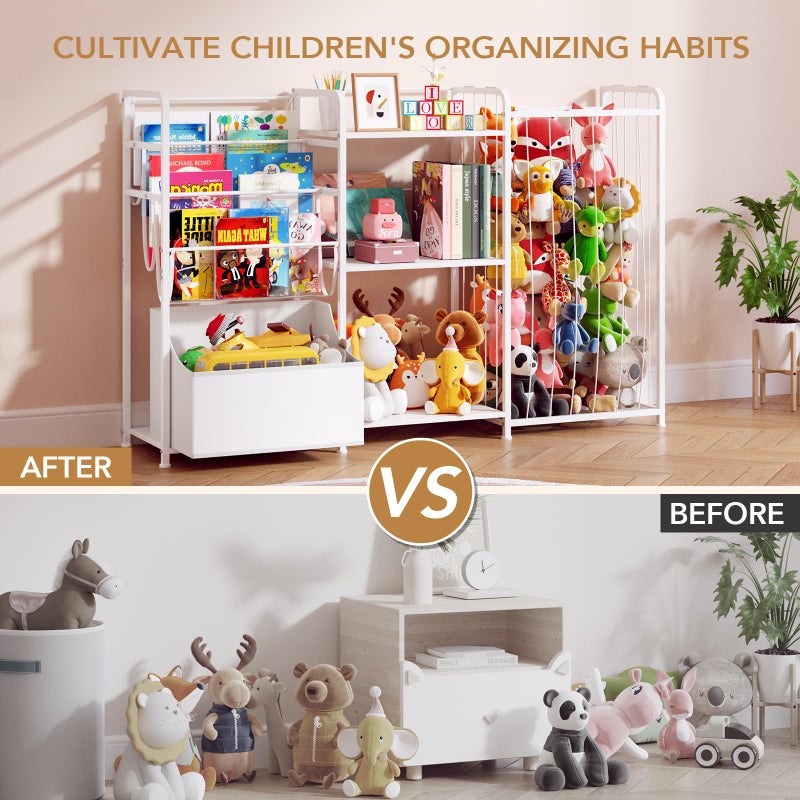 BBLIKE 3in1 Stuffed Animal Storage Organizer - Toy Storage with Kids Bookshelf & Large Plushies Holder for Kids Room - Multi-Functional Furniture for Nursery, Bedroom, and Playroom, White - Image 4