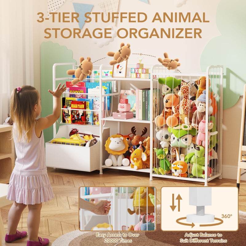 BBLIKE 3in1 Stuffed Animal Storage Organizer - Toy Storage with Kids Bookshelf & Large Plushies Holder for Kids Room - Multi-Functional Furniture for Nursery, Bedroom, and Playroom, White - Image 2