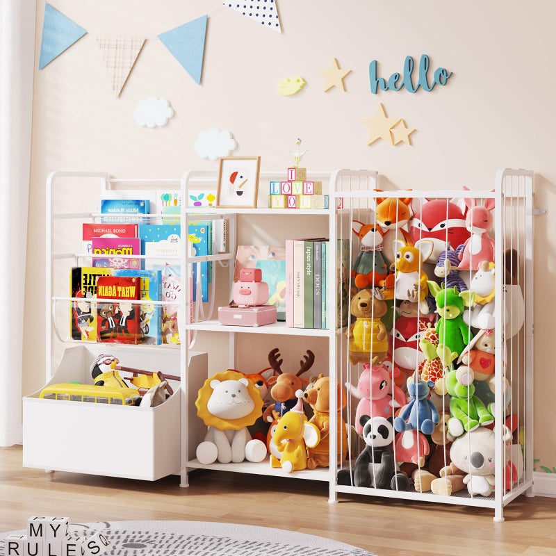 BBLIKE 3in1 Stuffed Animal Storage Organizer - Toy Storage with Kids Bookshelf & Large Plushies Holder for Kids Room - Multi-Functional Furniture for Nursery, Bedroom, and Playroom, White - Image 1
